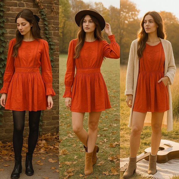 Free People Women Orange Dress 12 Whimsygoth, Boho Fall, Folk Festival Look - Picture 1 of 16